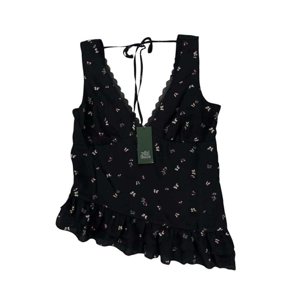 Wild Fable Black Butterfly Print Sleeveless Top‎ Lace Ruffle Hem Blouse S NWT